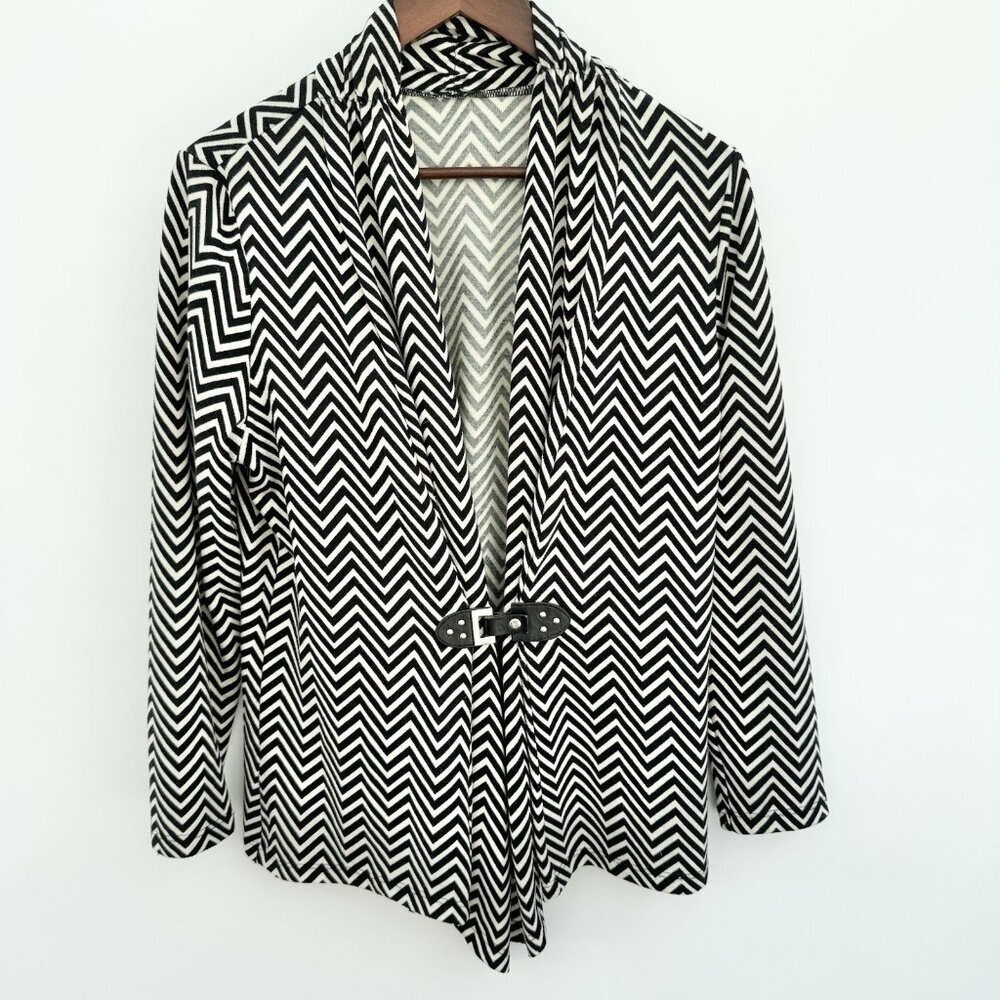 Black And Beige Herring Bone Cardigan With Leather Buckle Made In USA Size XL